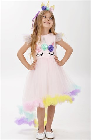 Unicorn Pembe Kuyruk Detaylı Gökkuşağı Taçlı Kız Çocuk Parti Elbisesi