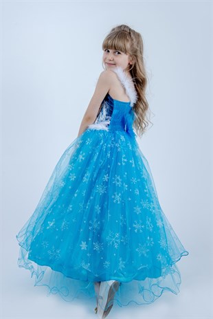 Uzun Elsa Kasnaklı Kız Çocuk Parti Elbisesi