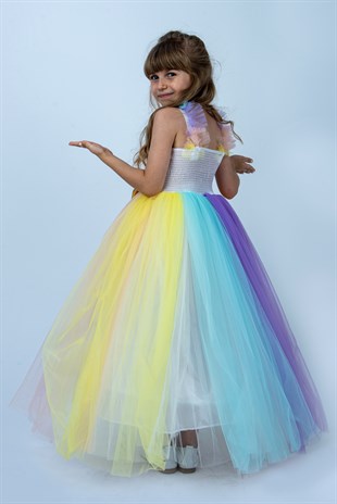 Uzun Unicorn Kasnaklı Kız Çocuk Parti Elbisesi