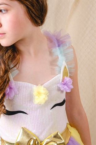 Uzun Unicorn Kasnaklı Kız Çocuk Parti Elbisesi