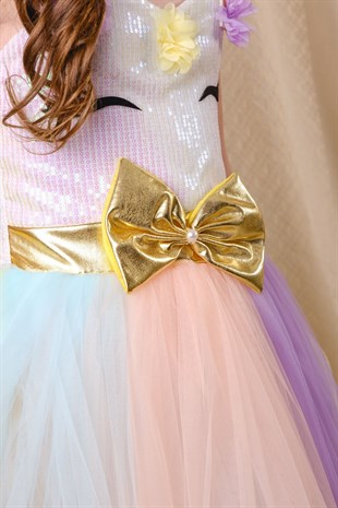 Uzun Unicorn Kasnaklı Kız Çocuk Parti Elbisesi