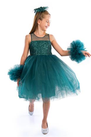 Yeşil Ponpon Kollu Pullu Kız Çocuk Abiye 