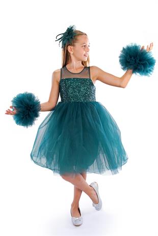 Yeşil Ponpon Kollu Pullu Kız Çocuk Abiye 