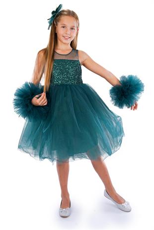 Yeşil Ponpon Kollu Pullu Kız Çocuk Abiye 