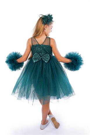 Yeşil Ponpon Kollu Pullu Kız Çocuk Abiye 