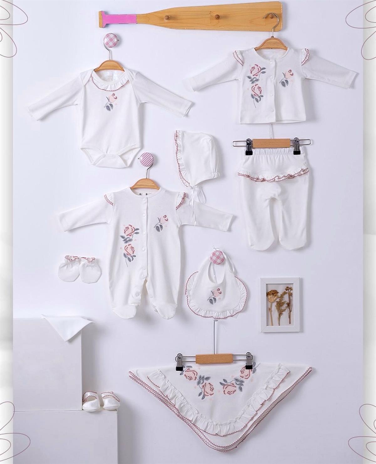 Gül Desenli Fırfır Detaylı 10 Parça Kız Bebek Hastane Çıkışı