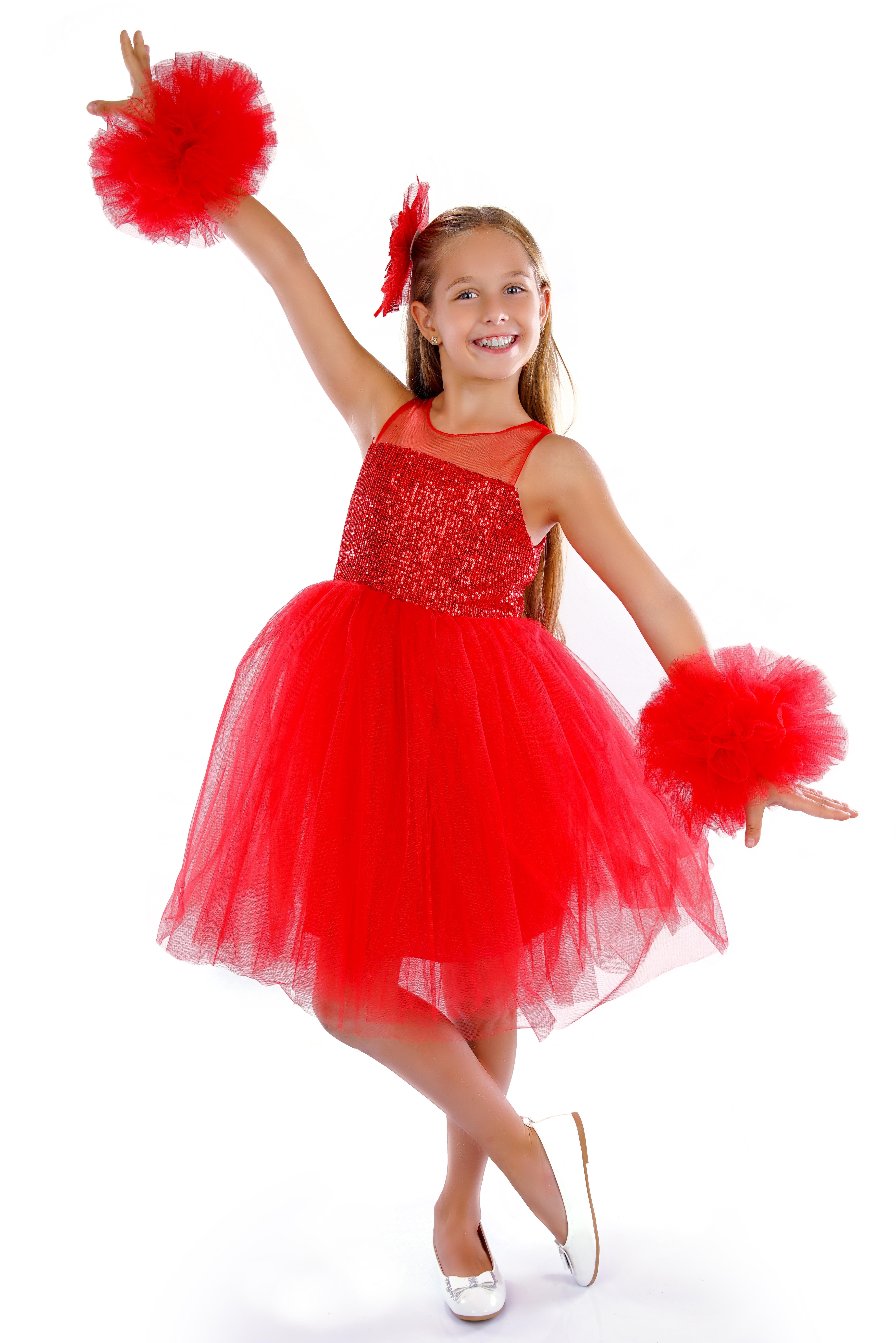 Kırmızı Ponpon Kollu Pullu Kız Çocuk Abiye 