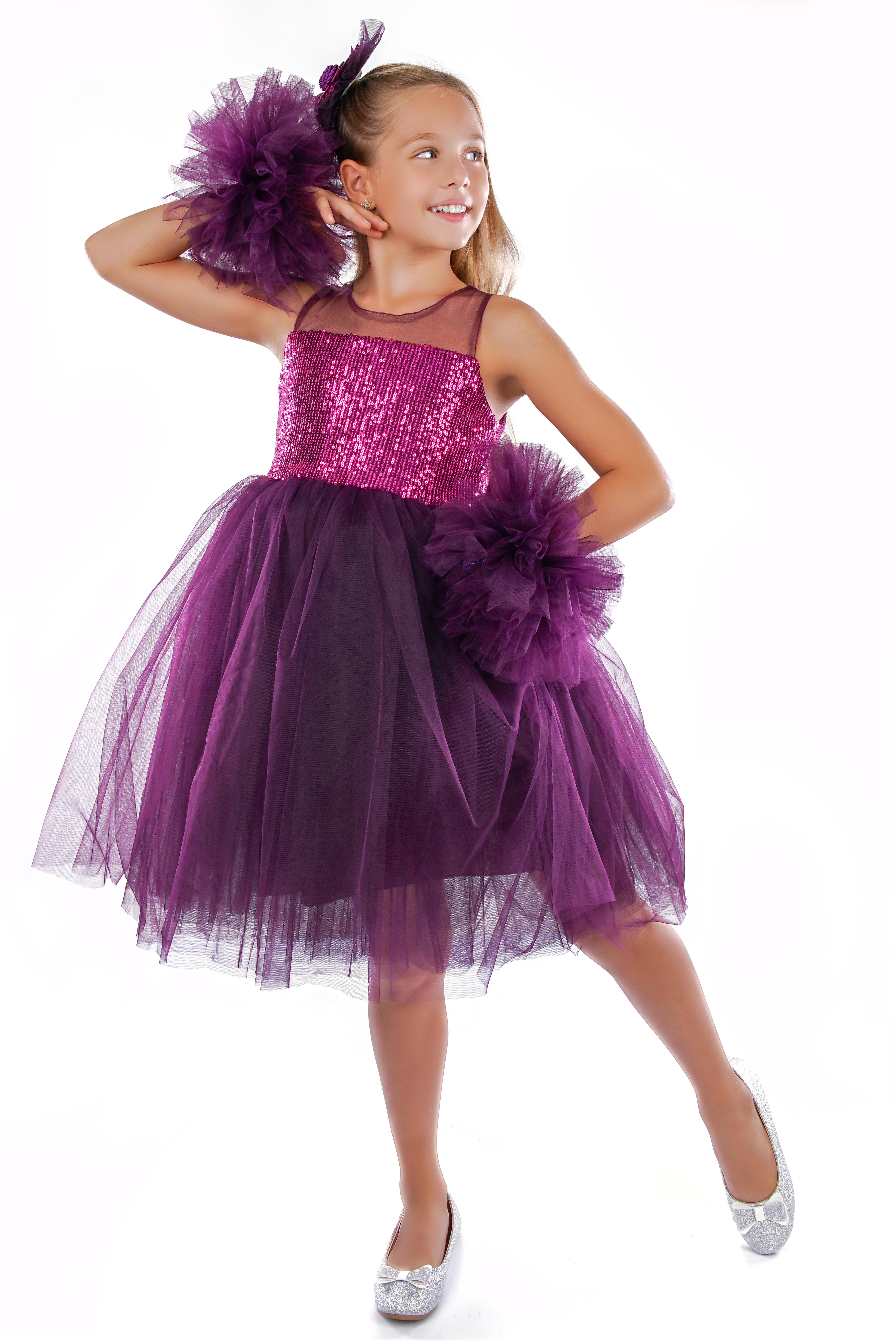 Mor Ponpon Kollu Pullu Kız Çocuk Abiye 