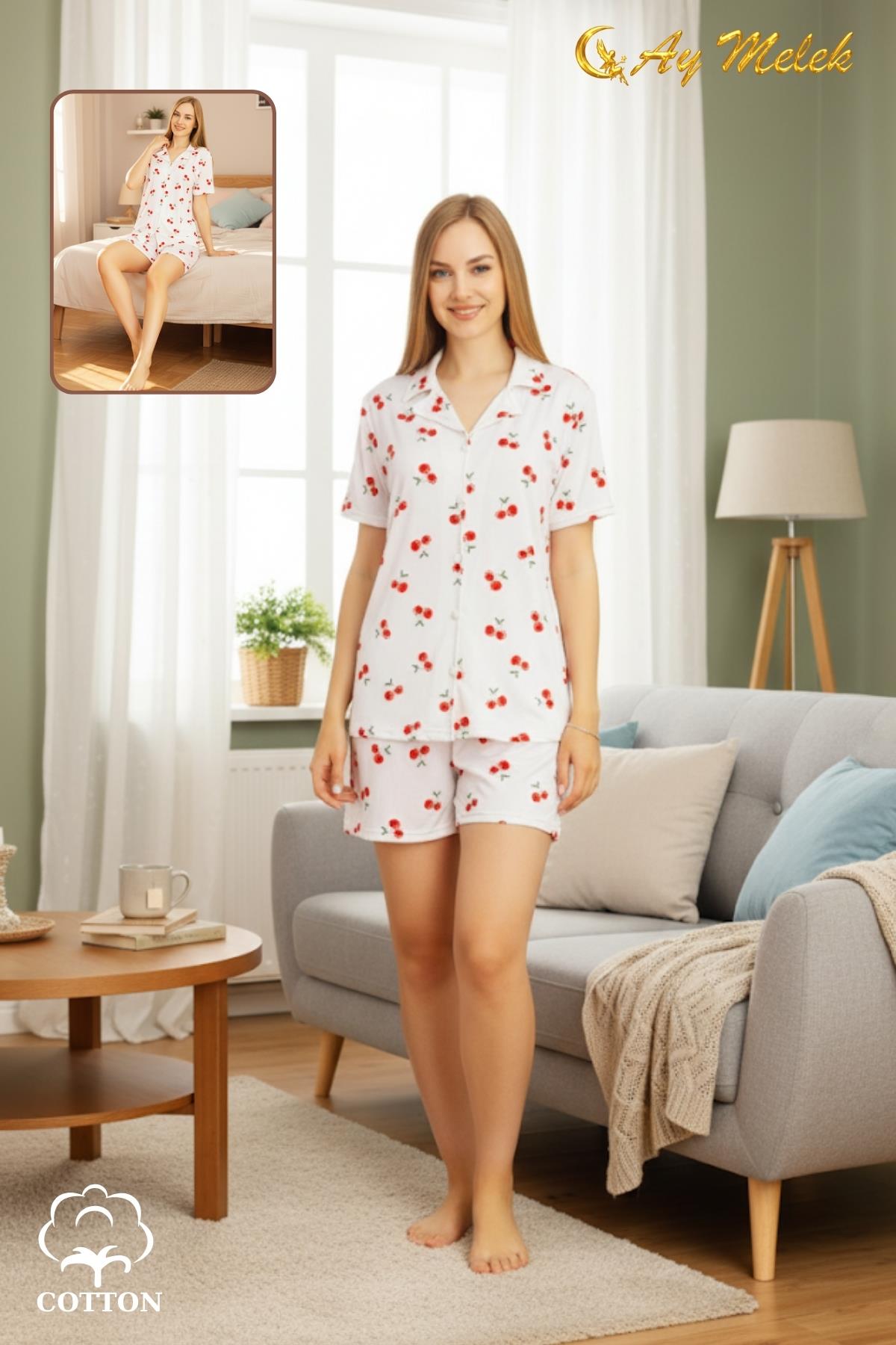  Kadın Pijama Takımı %100 Pamuklu Şort ve Pijama Seti