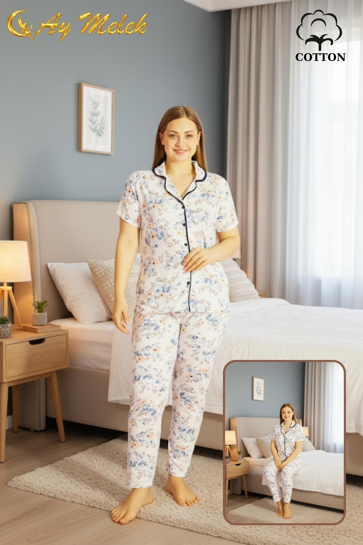  Kadın Pijama Takımı Pamuklu Geniş Beden Gömlek ve Pijama Seti (Battal Boy)