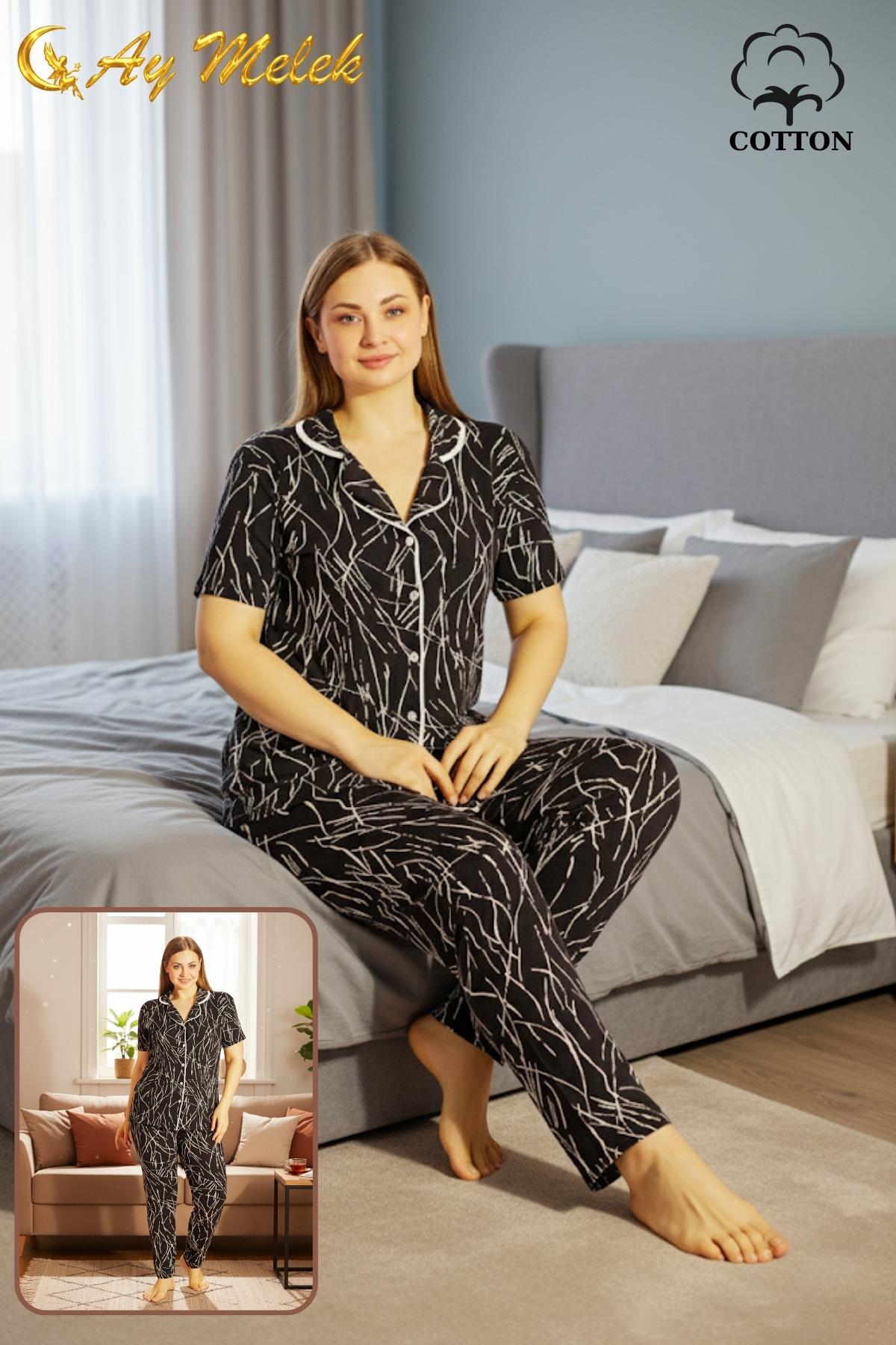  Kadın Pijama Takımı Pamuklu Geniş Beden Gömlek ve Pijama Seti (Battal Boy)1