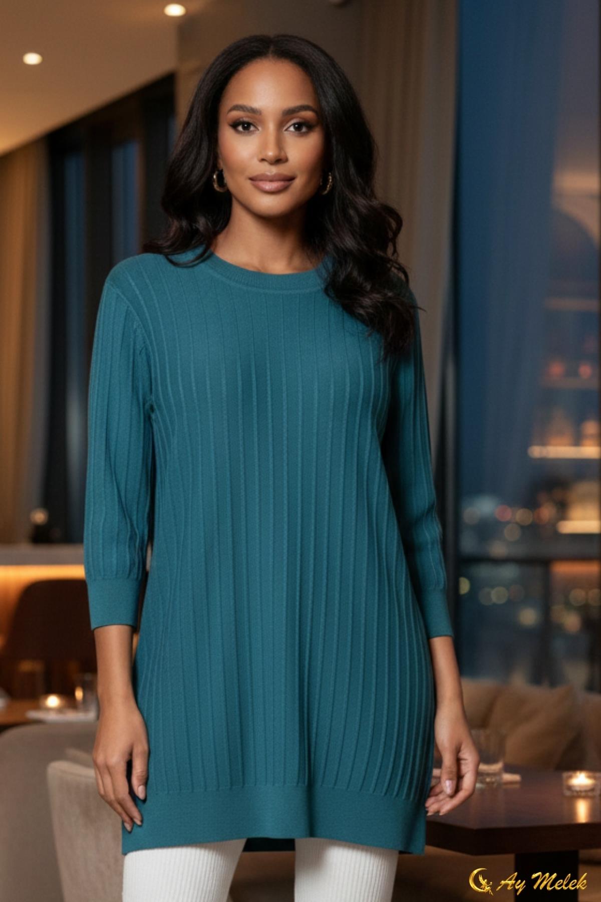  Kadın Triko Kazak Uzun Bisiklet Yaka Düz Tunik