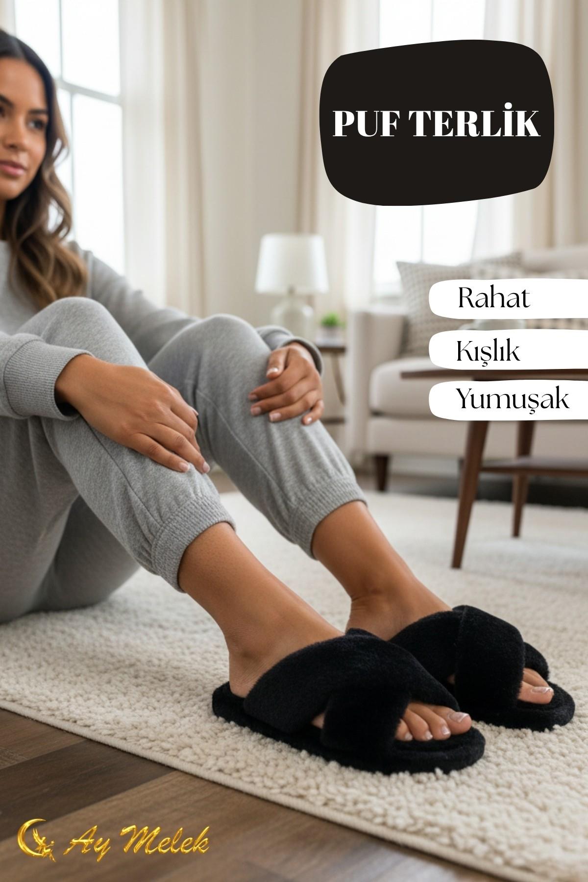 Kadın Ev Terliği Peluş Çapraz Yumuşak Tabanlı, Kaymaz, Kışlık Terlik