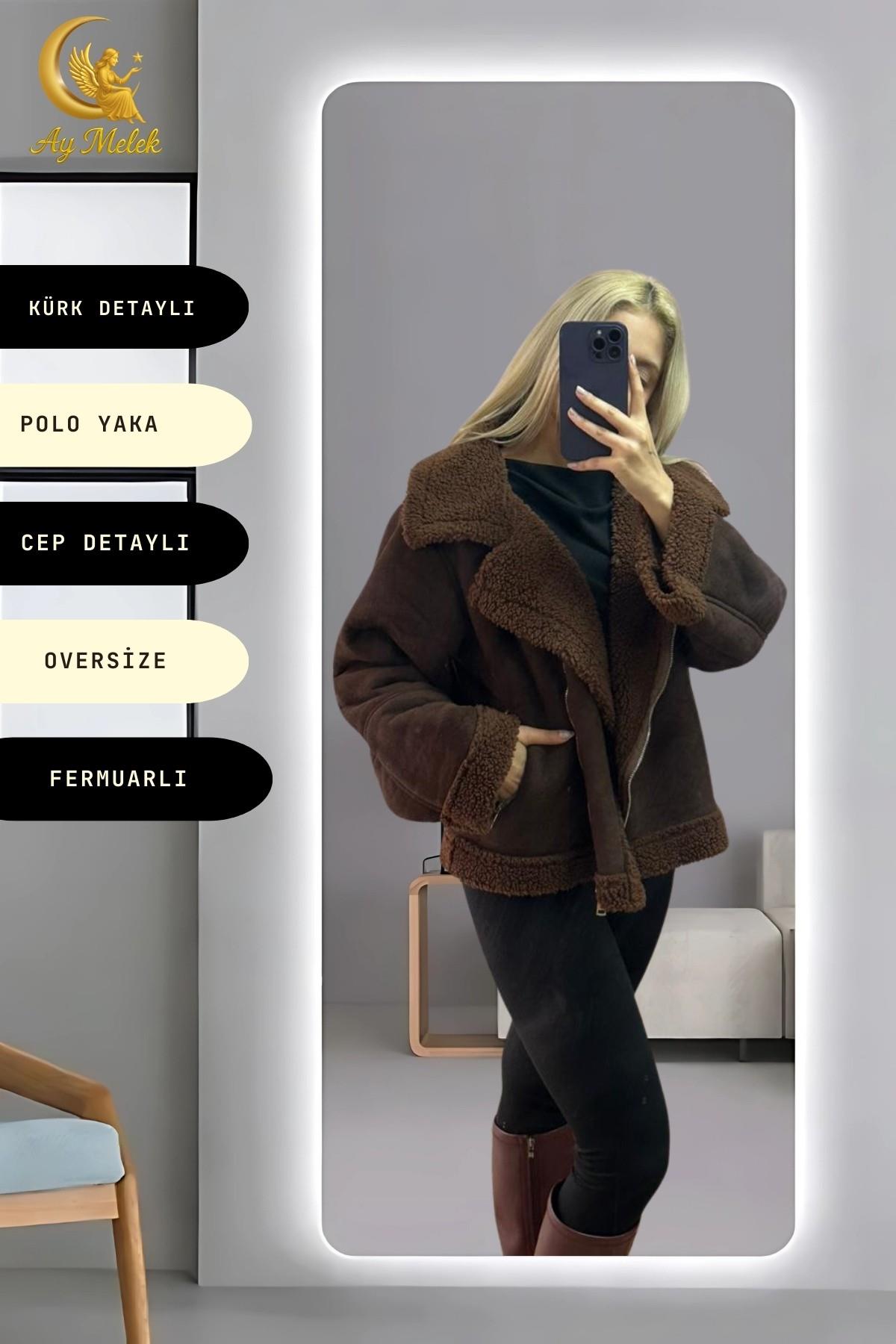 Kadın İçi Peluşlu Kürk Detaylı Fermuarlı Cepli Süet Oversize Mont