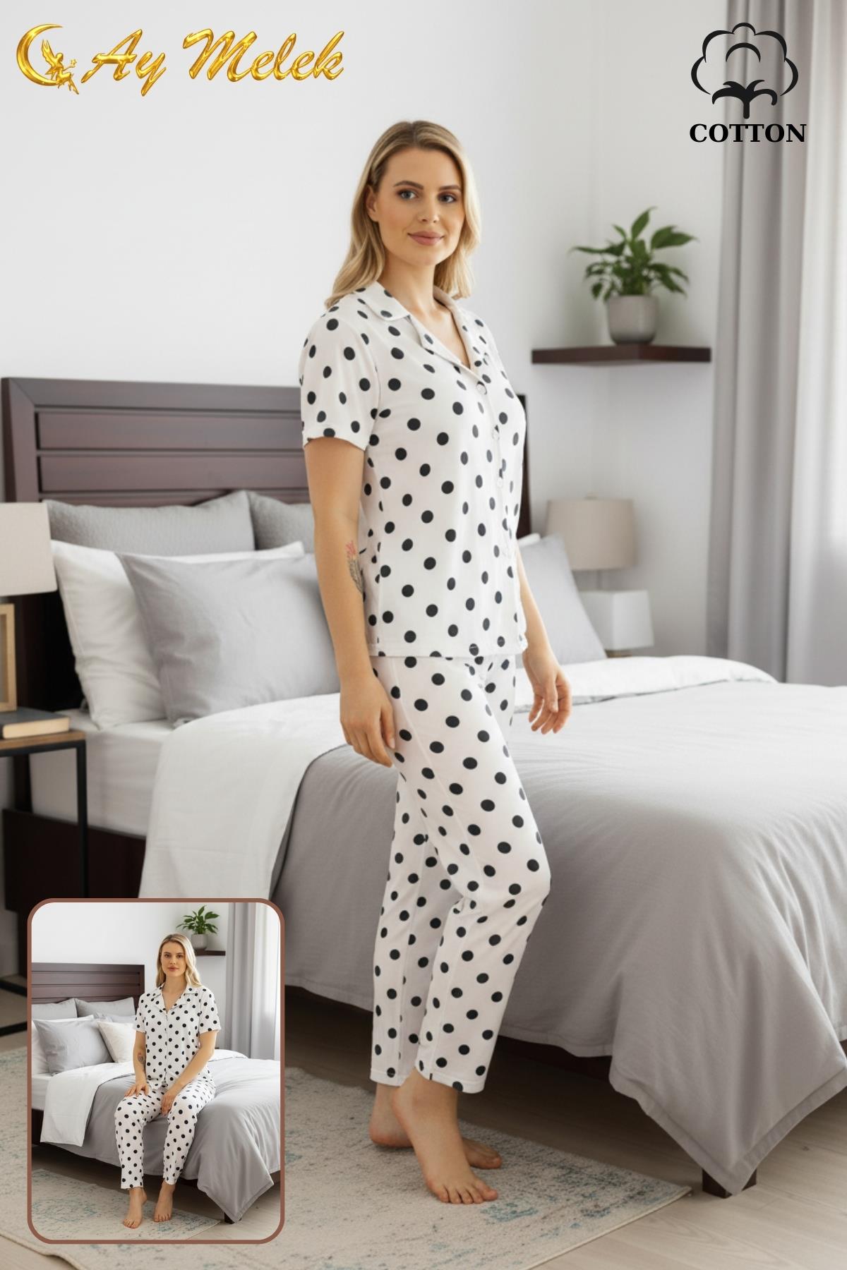 Kadın Pijama Takımı %100 Pamuklu Gömlek ve Pijama Seti