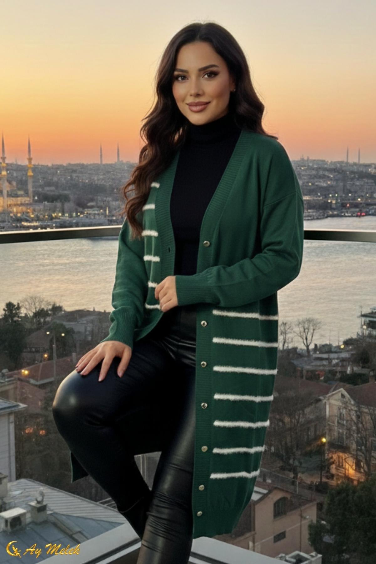 Kadın Triko Hırka Uzun Düğmeli Çizgi Desenli Merserize Hırka