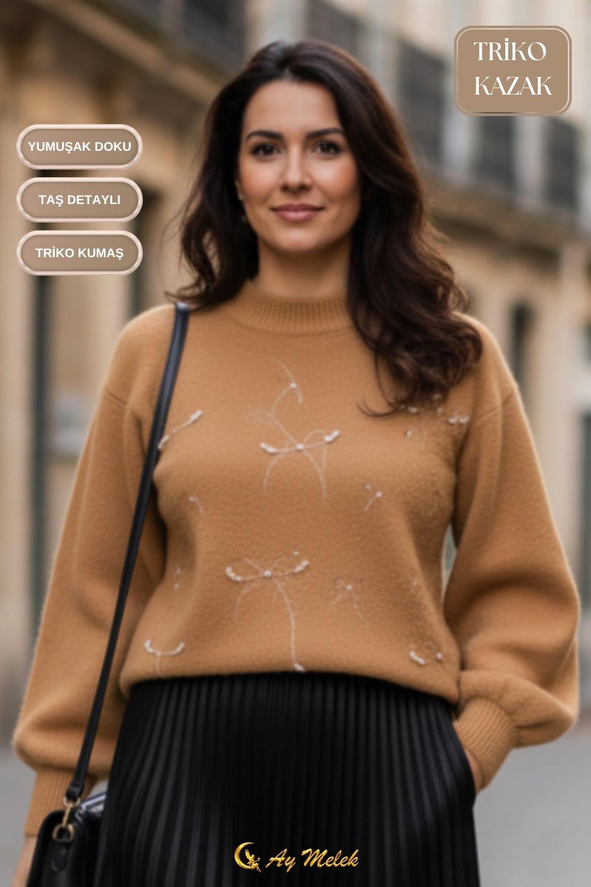 Kadın Triko Kazak Taşlı Fiyonk Detaylı Bisiklet Yaka Yumuşak Dokulu Kazak