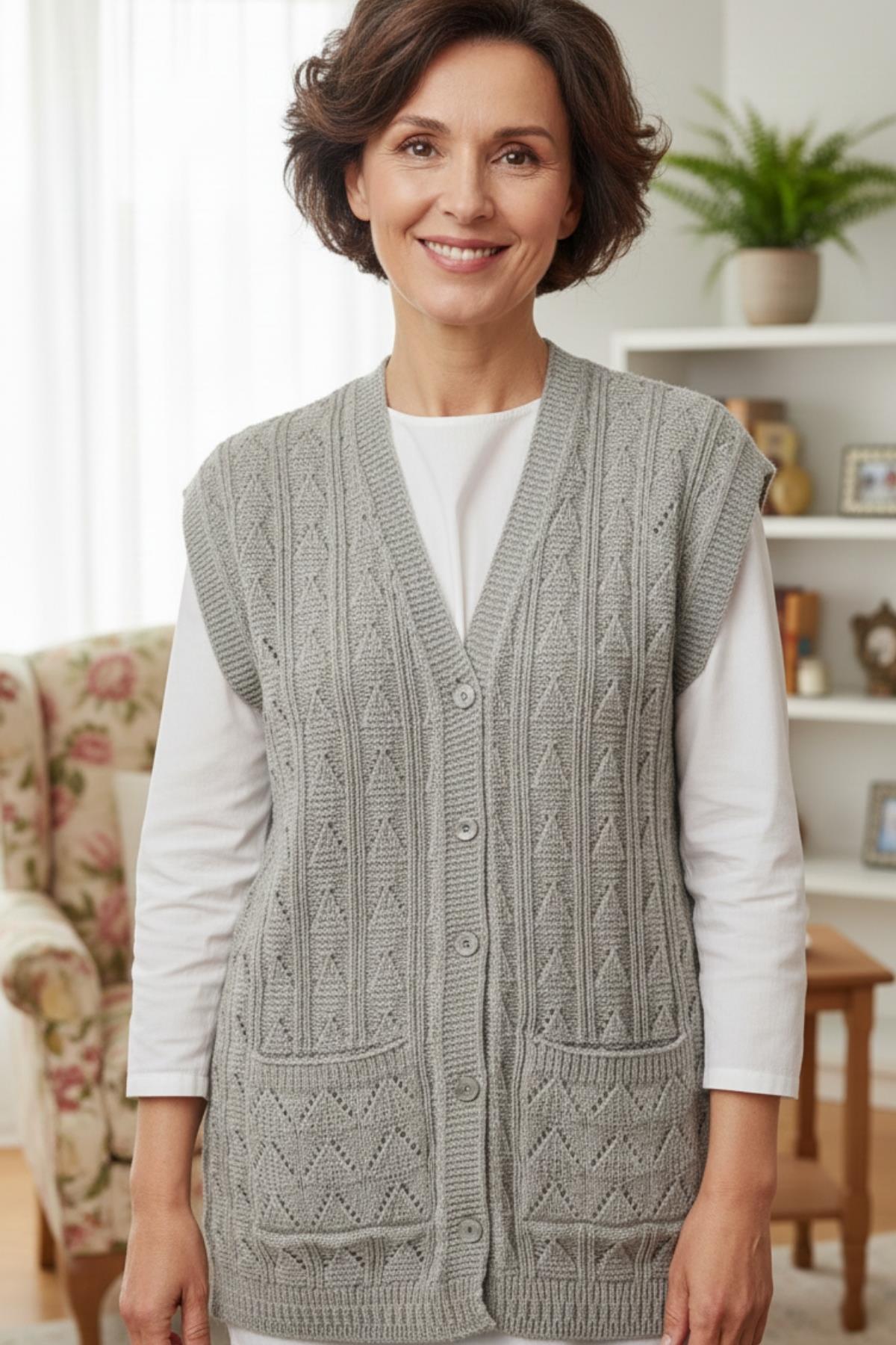 Kadın Triko Kışlık Düğmeli Anne Yeleği