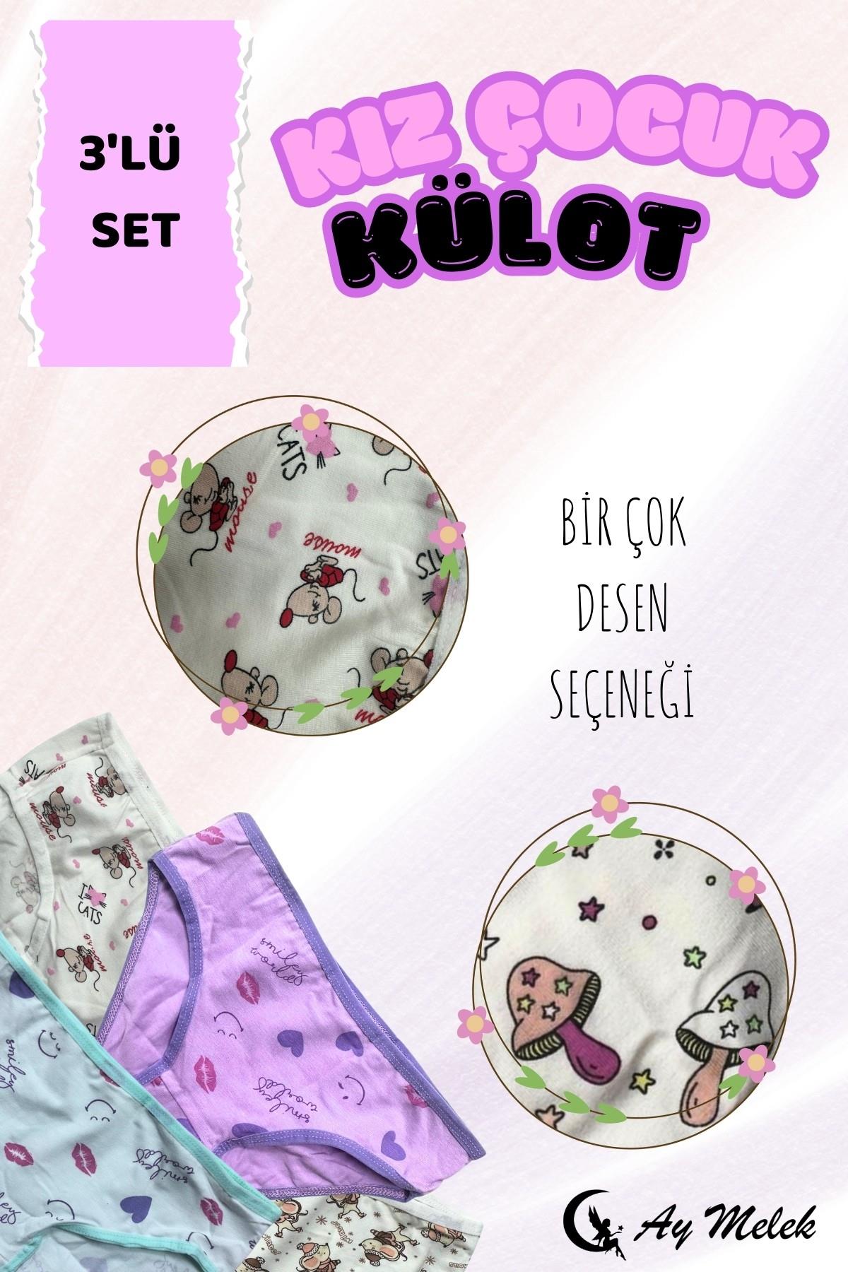 Kız Çocuk Külot (3`lü Paket) Soft Yıkama Pamuklu Renkli Baskılı Kilot