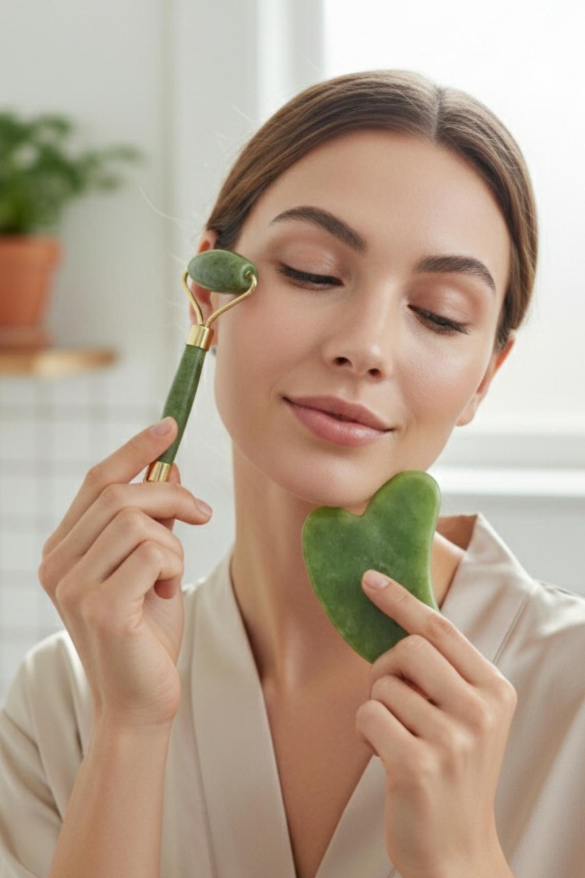 Yeşim %100 Doğal Taş Masaj Aleti Ve Kalp Gua Sha Yüz Bakım Taşı