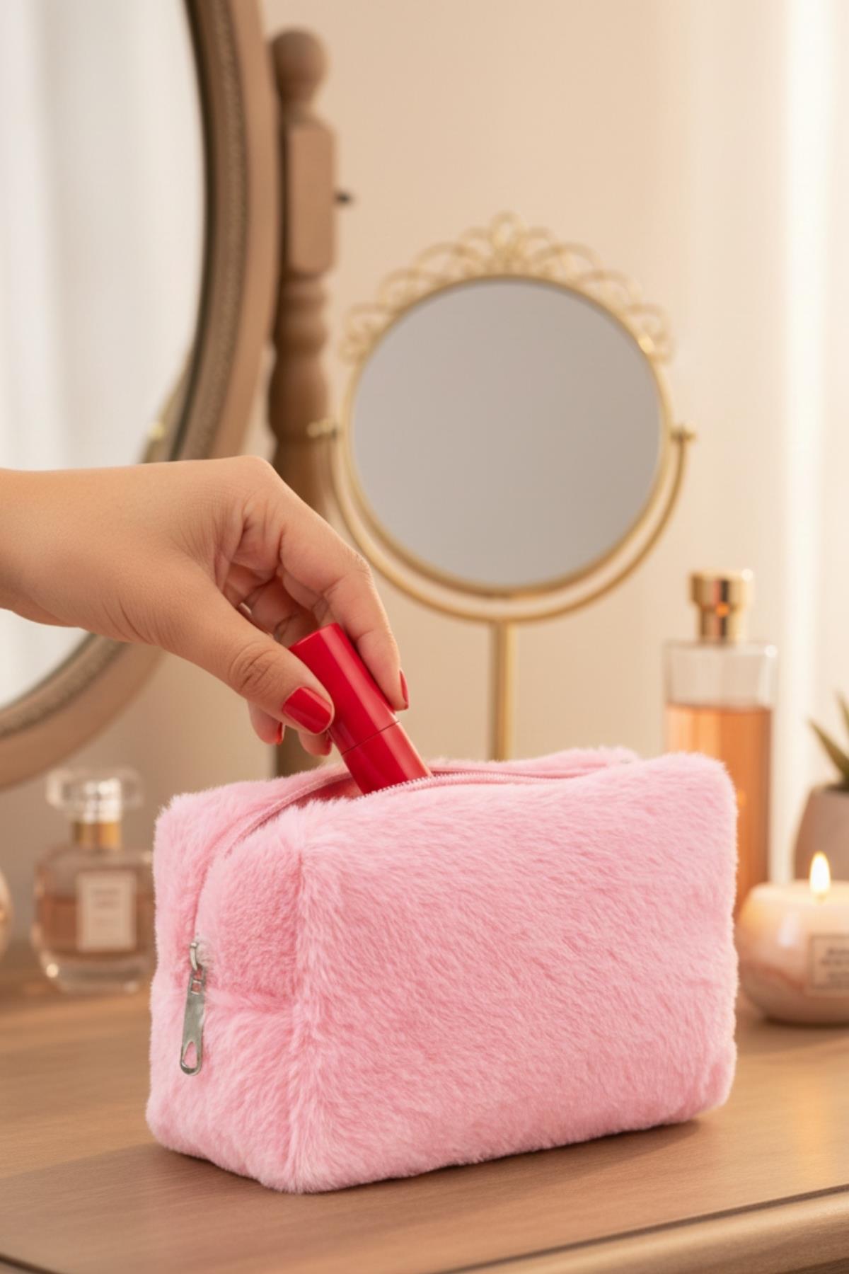 Yumuşak Peluş Makyaj Çantası Seyahat ve Kozmetik Düzenleyici Çanta