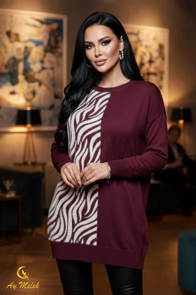  Kadın Triko Kazak Uzun Bisiklet Yaka Zebra Desen Kazak