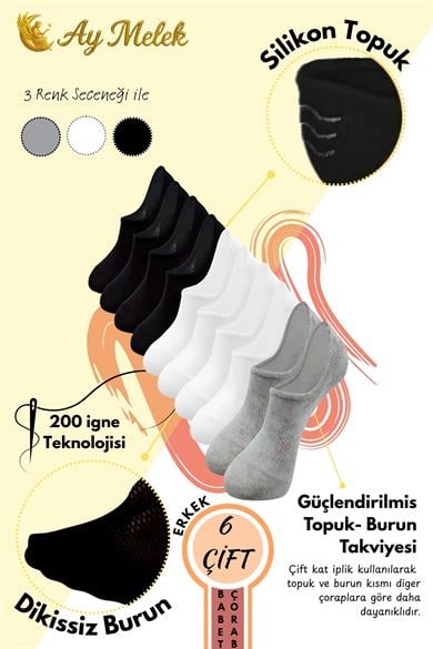 Erkek Çorap (6 Çift) Silikon Topuk Kaymayan Burun Dikişsiz Kaliteli Babet Çorap
