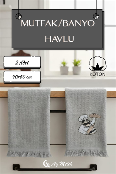 Mutfak ve Banyo Havlusu 2`li %100 Pamuklu Nakışlı El Havlusu