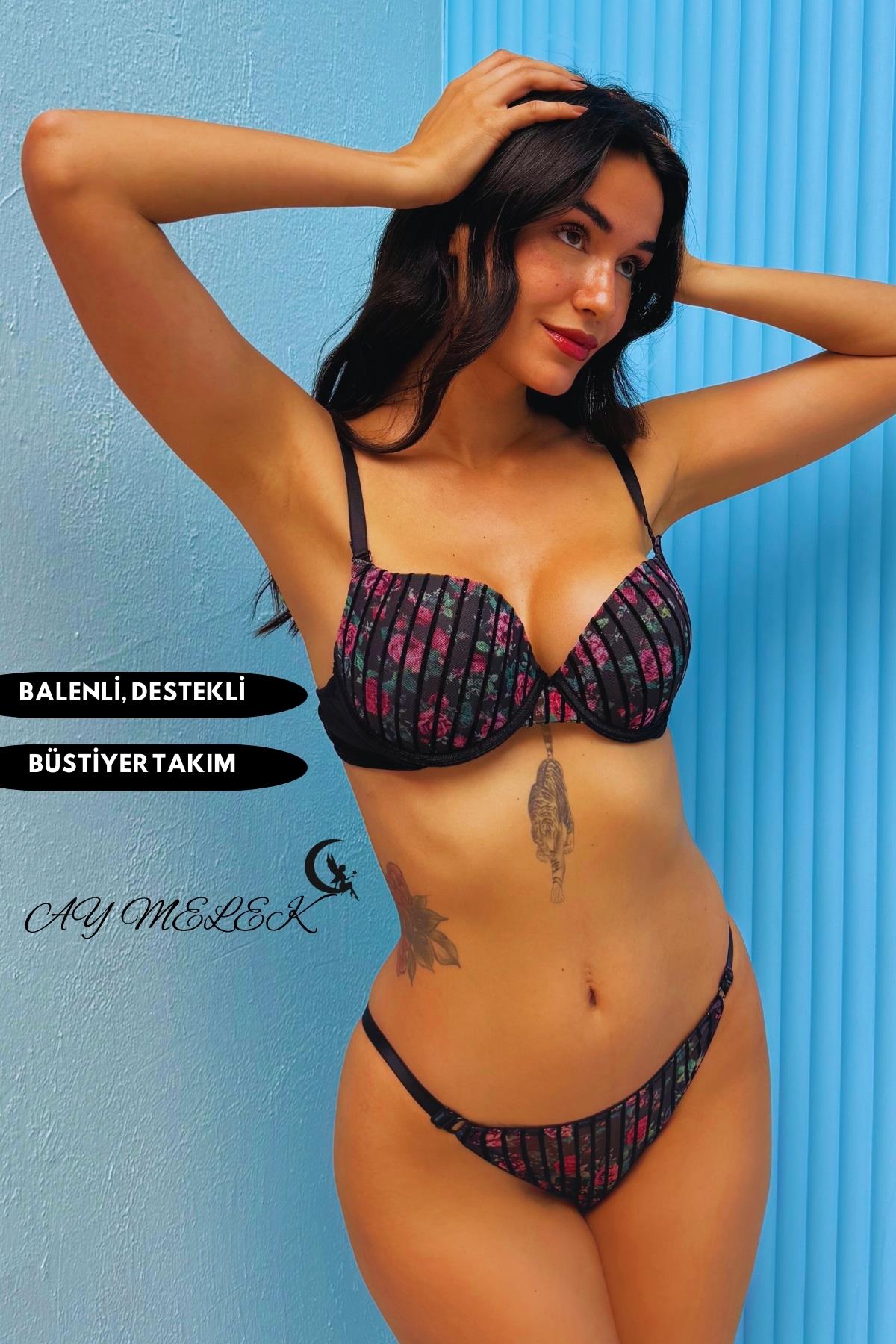  Destekli Simli Sütyen Takım B-Cap Balenli Çiçekli Tasarım