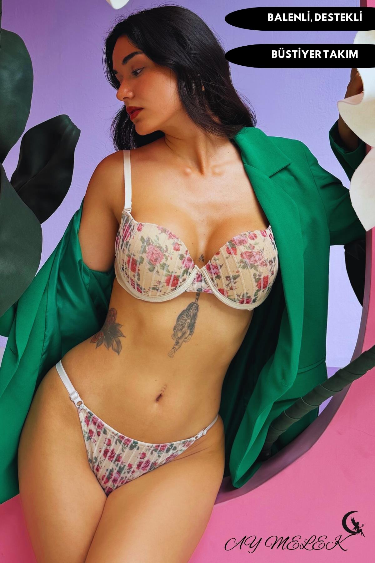  Destekli Simli Sütyen Takım B-Cap Balenli Çiçekli Tasarım