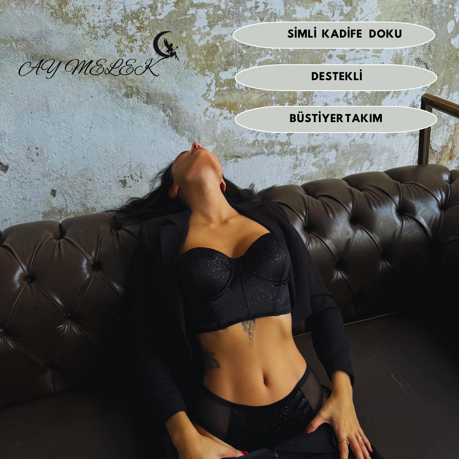  Eros Kadife Doku Simli Destekli Bustiyer Takım B-Cap Özel Tasarım Büstiyer