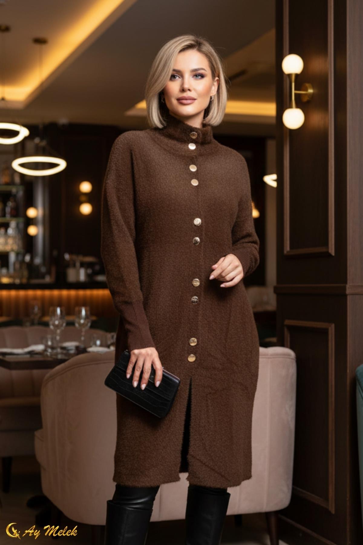  Kadın Angora Kazak Dik Taka Düğmeli Uzun Kazak