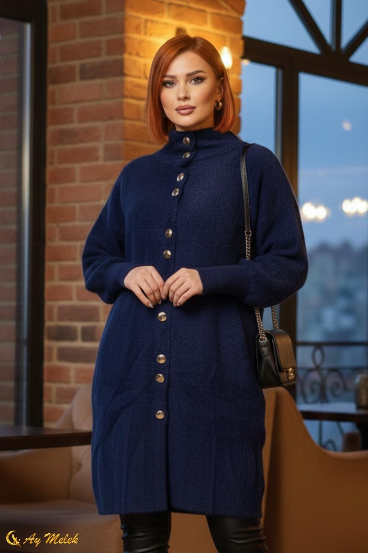  Kadın Angora Kazak Dik Taka Düğmeli Uzun Kazak