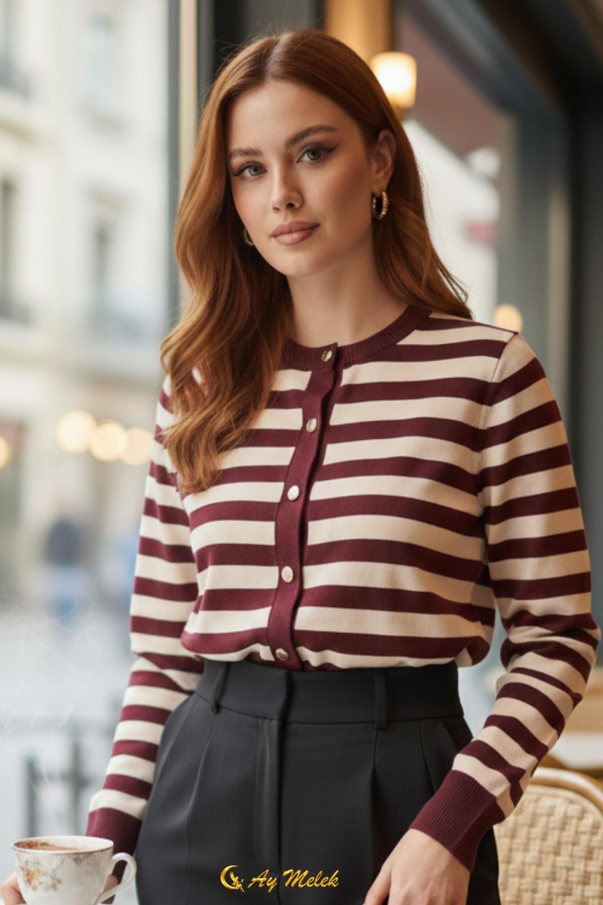  Kadın Çizgili Triko Hırka Düğmeli Bisiklet Yaka Kısa Yumuşak Dokulu Hırka