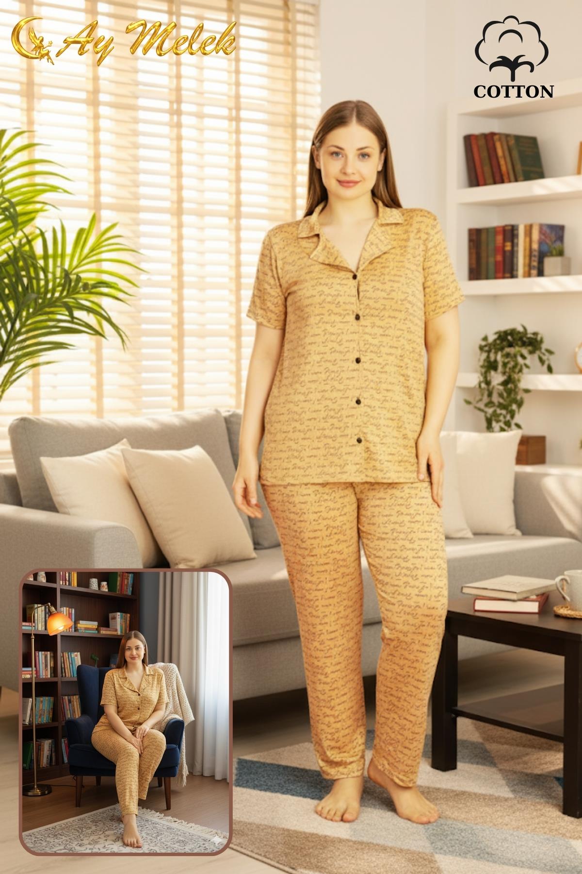  Kadın Pijama Takımı Pamuklu Geniş Beden Gömlek ve Pijama Seti (Battal Boy)111