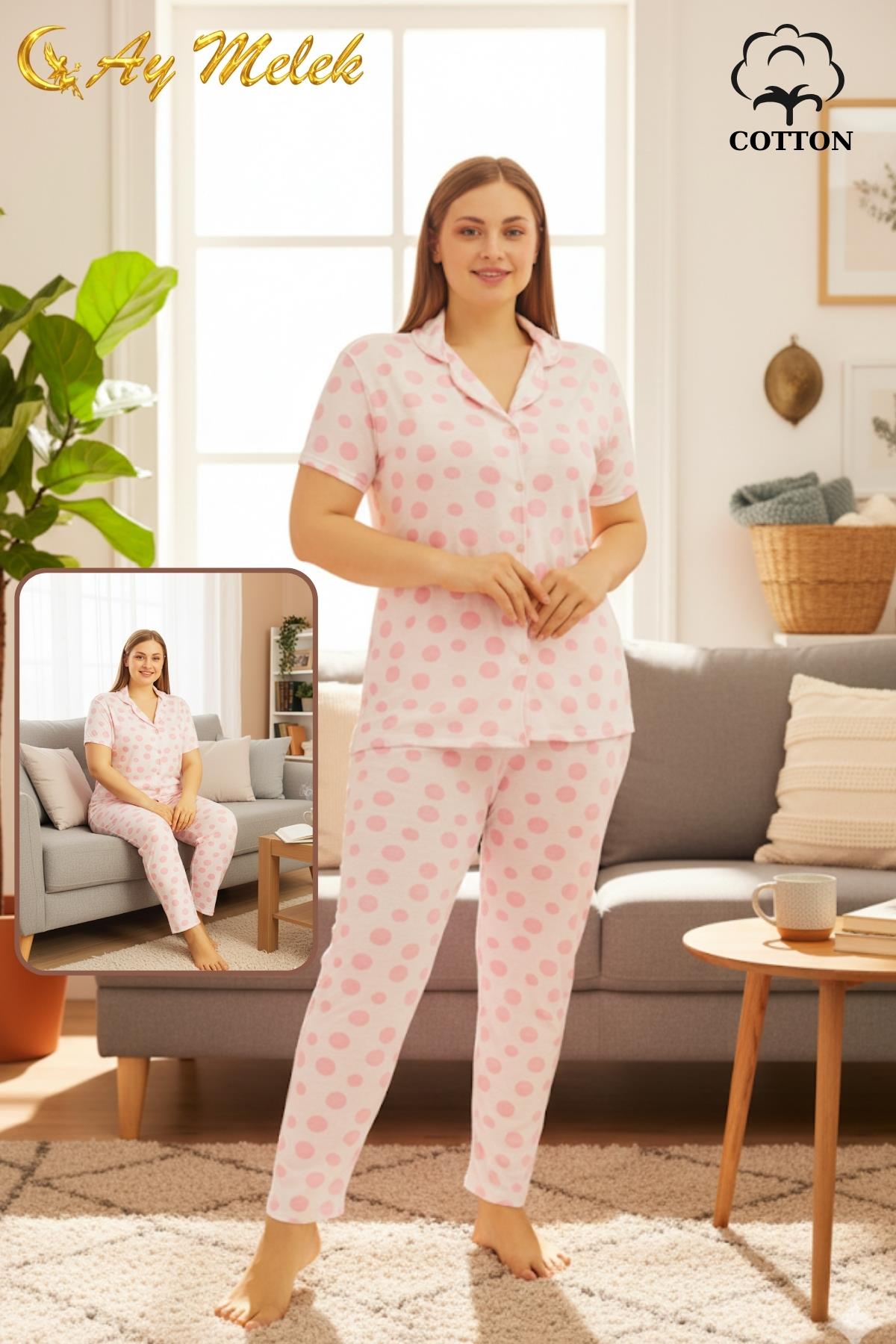  Kadın Pijama Takımı Pamuklu Geniş Beden Gömlek ve Pijama Seti (Battal Boy