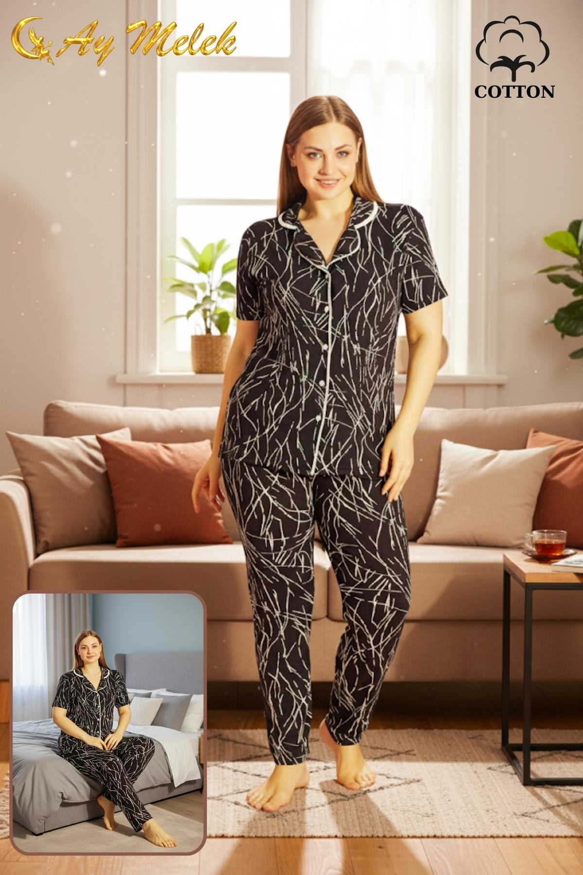  Kadın Pijama Takımı Pamuklu Geniş Beden Gömlek ve Pijama Seti (Battal Boy)1