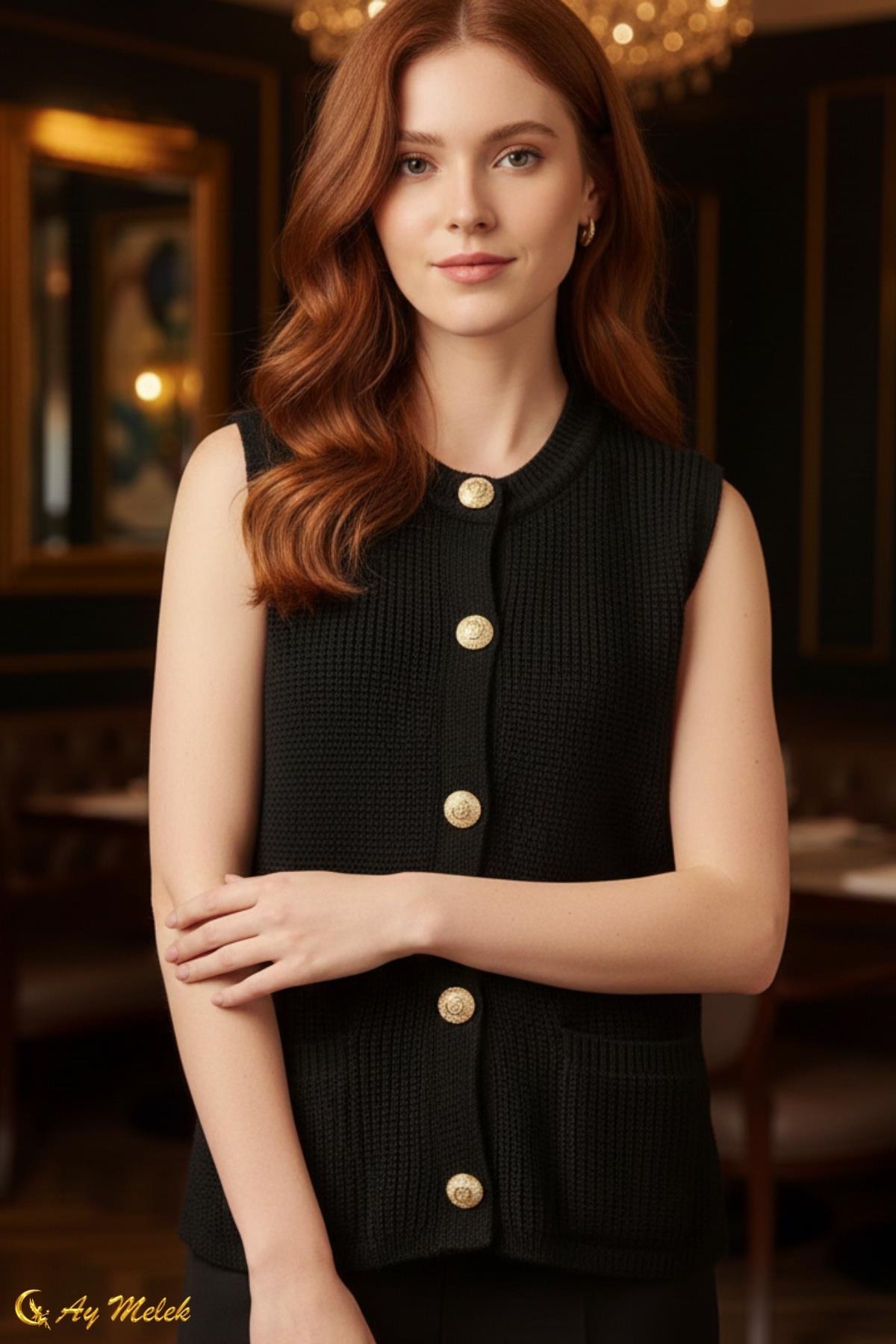  Kadın Triko Bisiklet Yaka Düğmeli Cep Detaylı Süveter/Kazak