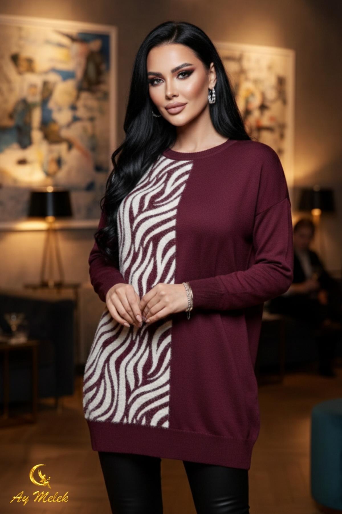  Kadın Triko Kazak Uzun Bisiklet Yaka Zebra Desen Kazak