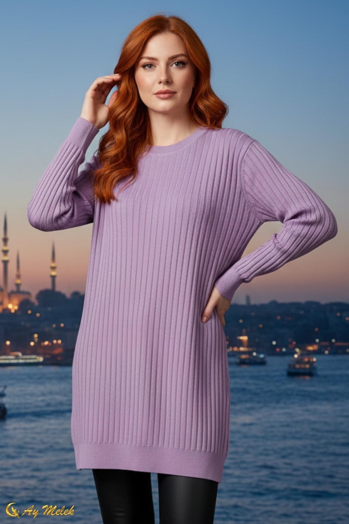  Kadın Triko Kazak Uzun Bisiklet Yaka Düz Tunik