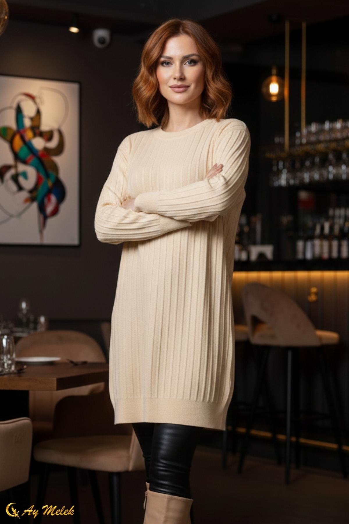  Kadın Triko Kazak Uzun Bisiklet Yaka Düz Tunik