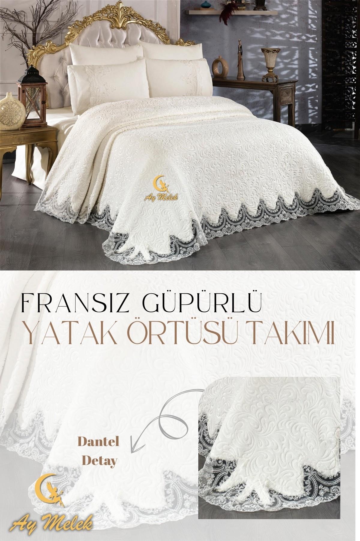 Çift Kişilik Çeyizlik İncili Fransız Güpürlü Battaniyeli Yatak Örtüsü Takımı