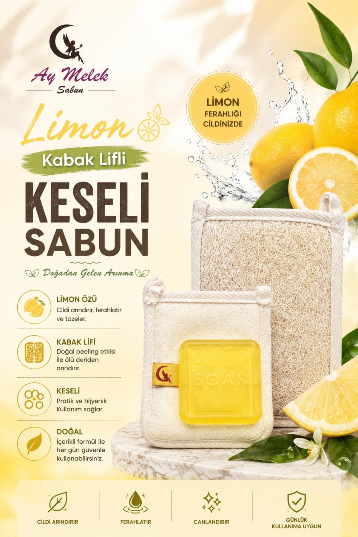 Doğal Kabak Lifli Limon Özlü Sabun Seti Doğal Kabak Lifi Banyo Kesesi - Kabak Lifli Yüz Kesesi