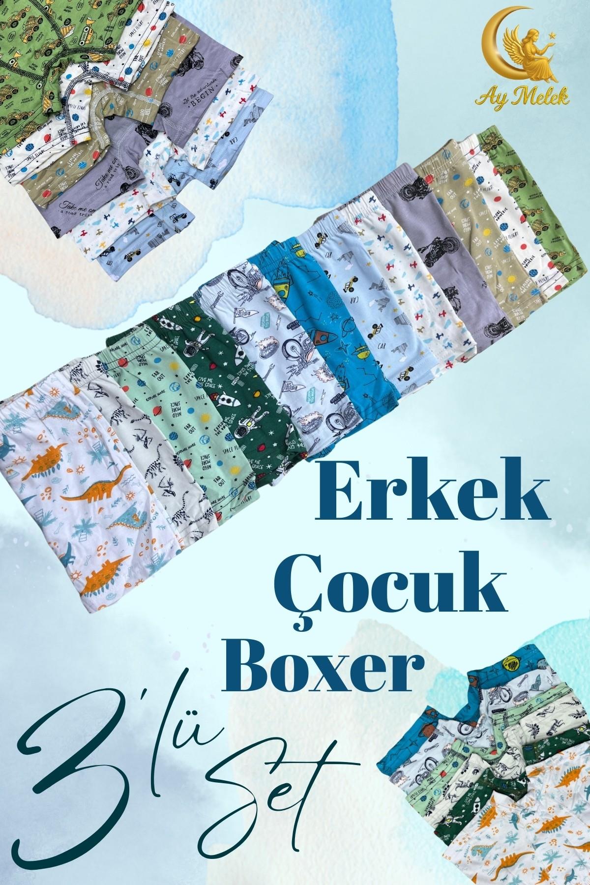 Erkek Çocuk (3`lü Paket) Soft Yıkama Pamuklu Renkli Baskılı Boxer