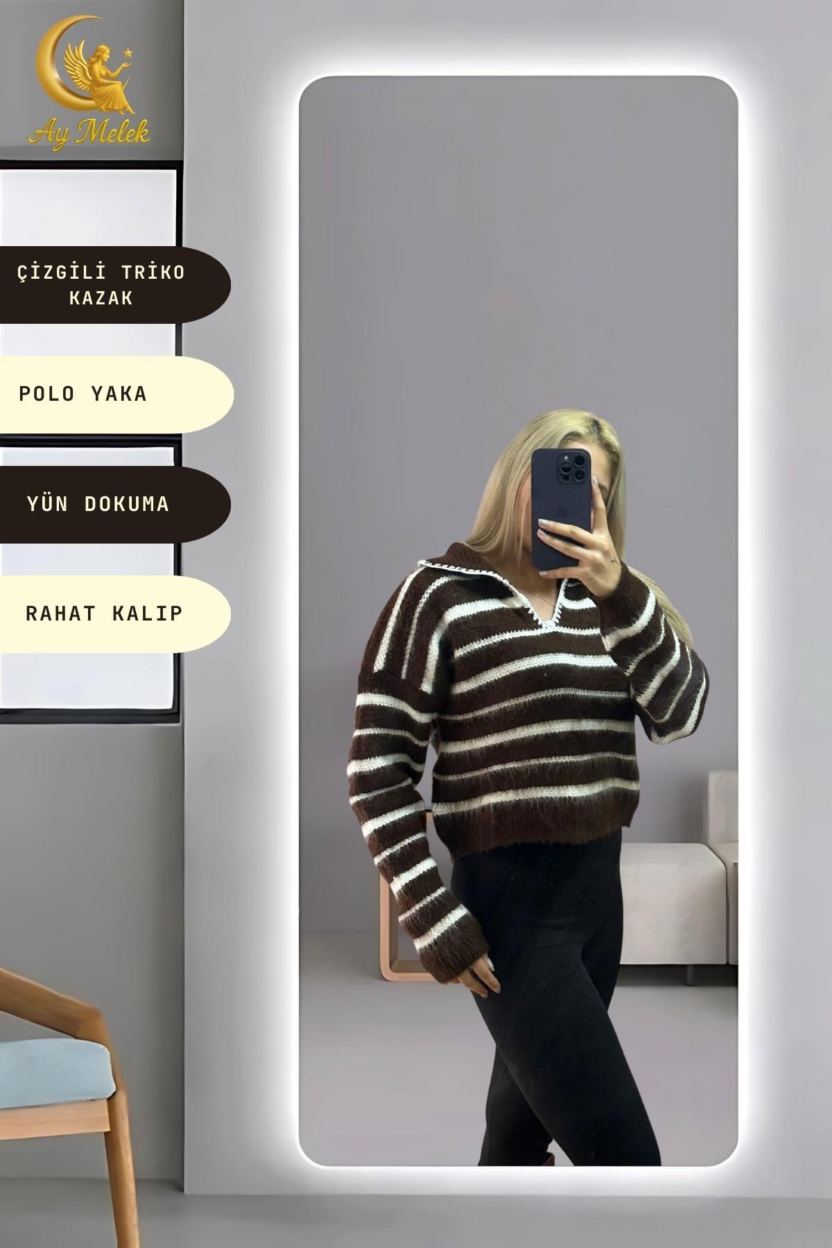 Kadın Çizgili Polo Yaka Oversize Triko Kısa Kazak