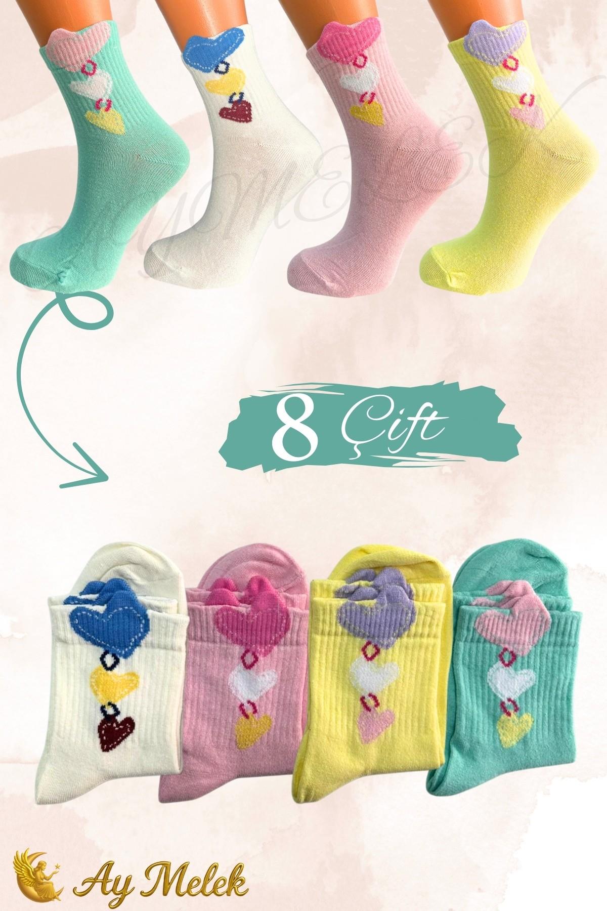 Kadın Çorap (8 Çift) Doğal Pamuklu Desenli Yetişkin Kız Çocuk Çorap