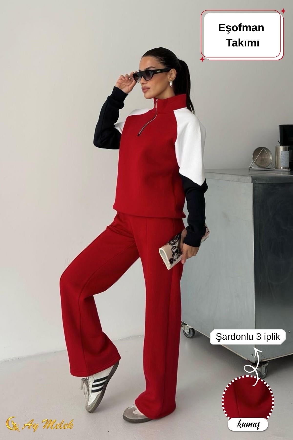 Kadın Eşofman Takımı Fermuarlı Mevsimlik Dik Yaka (3 İplik) Şardonlu Takım