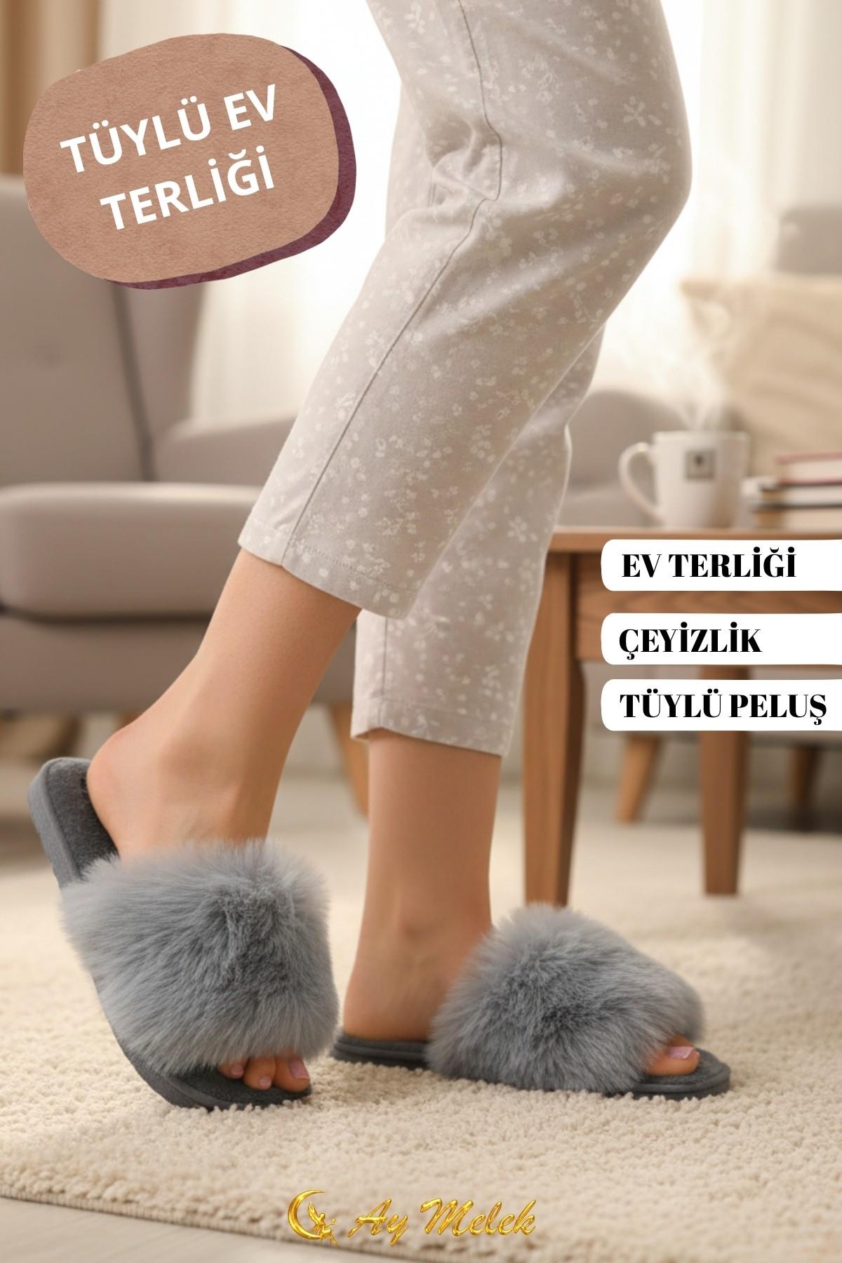 Kadın Ev Terliği Çeyizlik Gül Desenli Tüylü Yumuşak Peluş Terlik