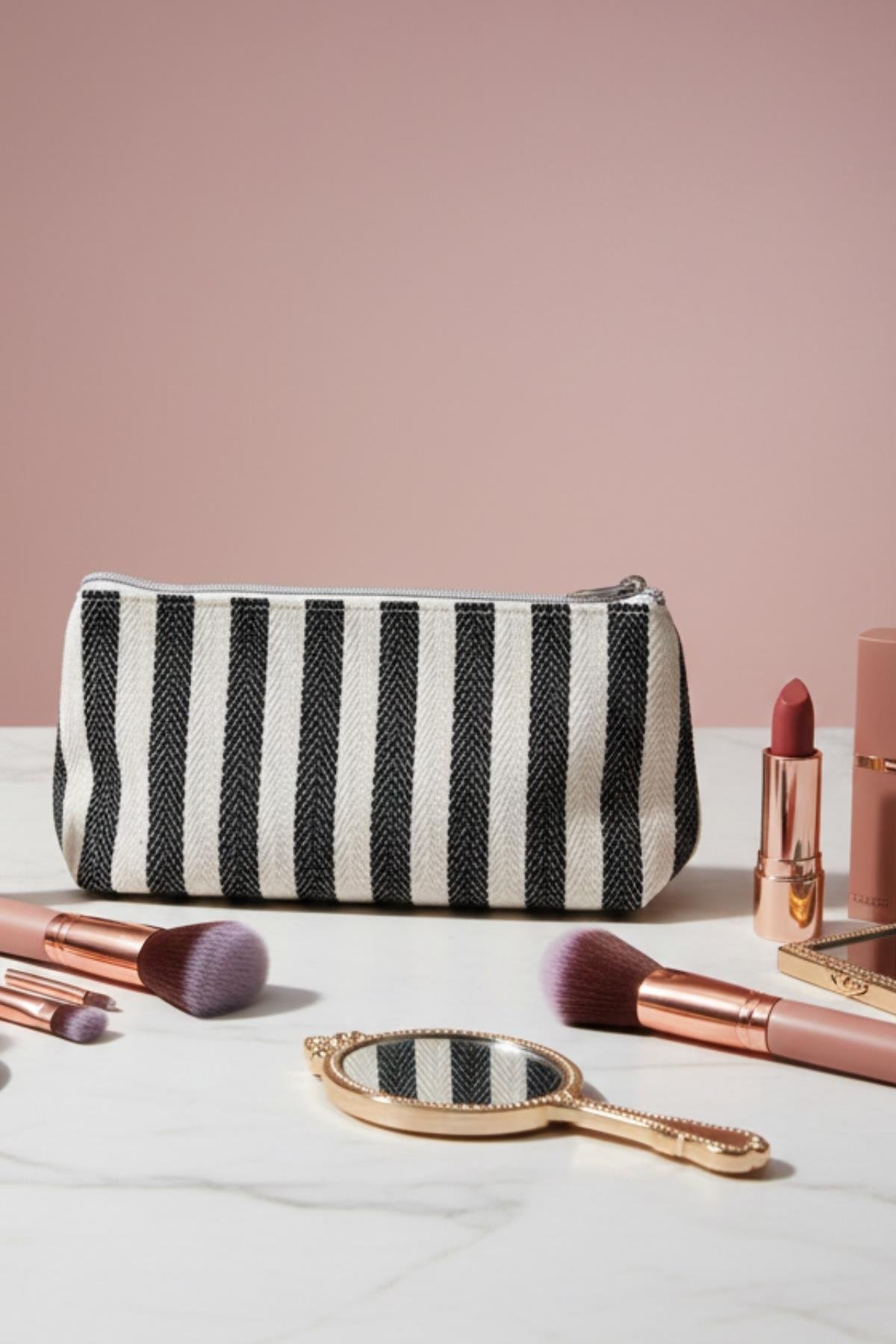 Kadın Fermuarlı Kanvas Çizgili Makyaj Çantası Örgülü