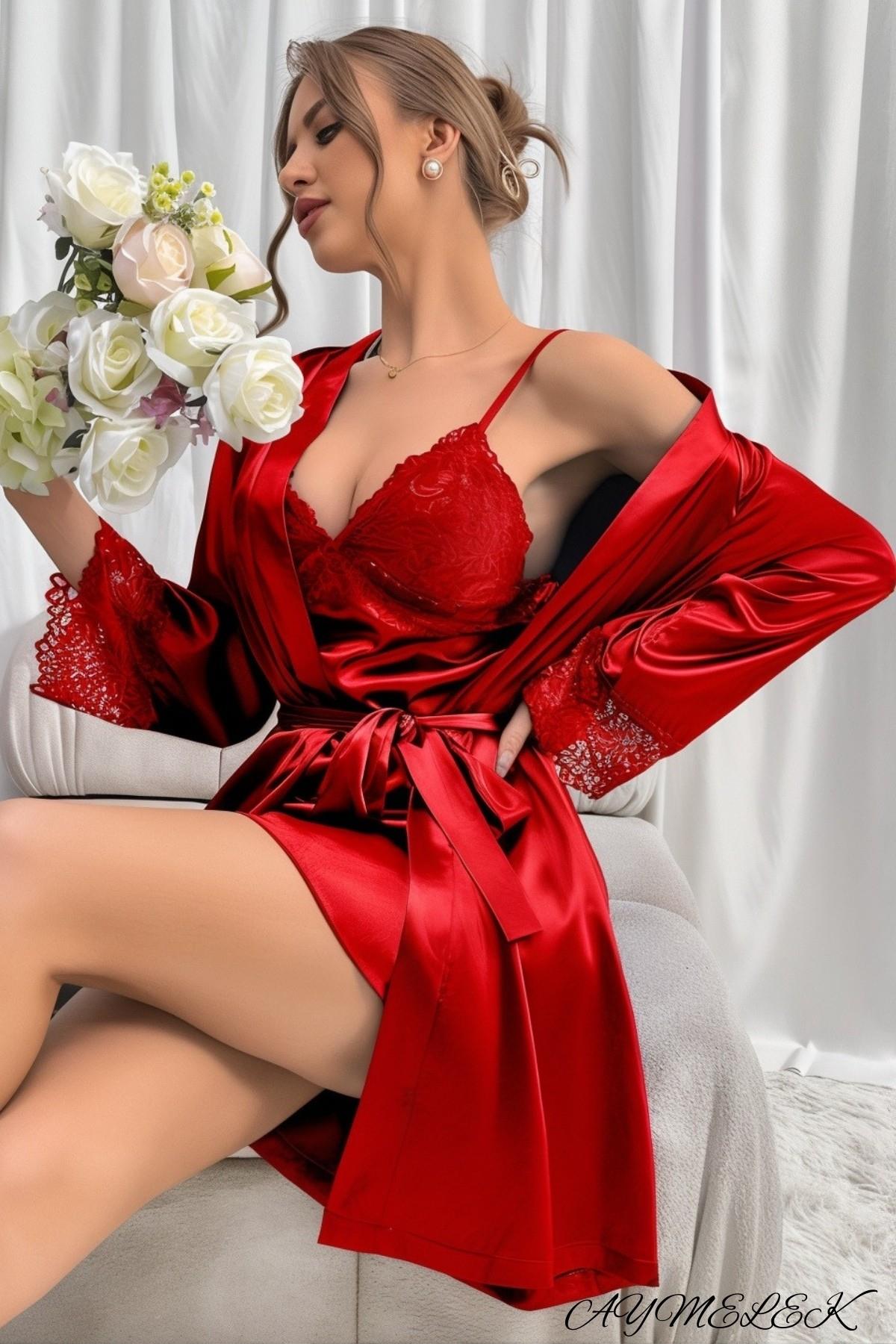 Kadın Gecelik Saten Kumaş Dantel Detaylı Fantazi Çeyizlik Sabahlık İç Giyim